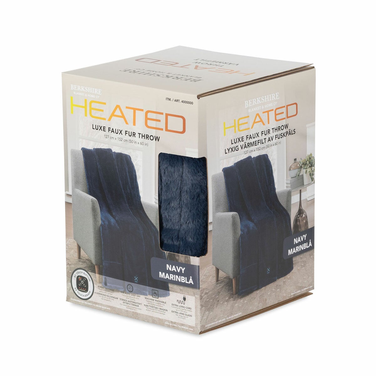 Berkshire Luxe Faux Fur Heated Throw Blanket 127x152cm 4 Heat Settings Navy