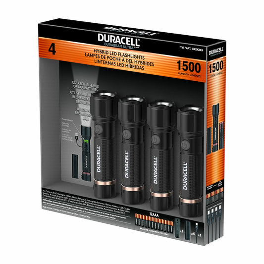 Duracell LED Torch Flashlight 1500 Lumen Rechargeable USB-C 4 Pack Black