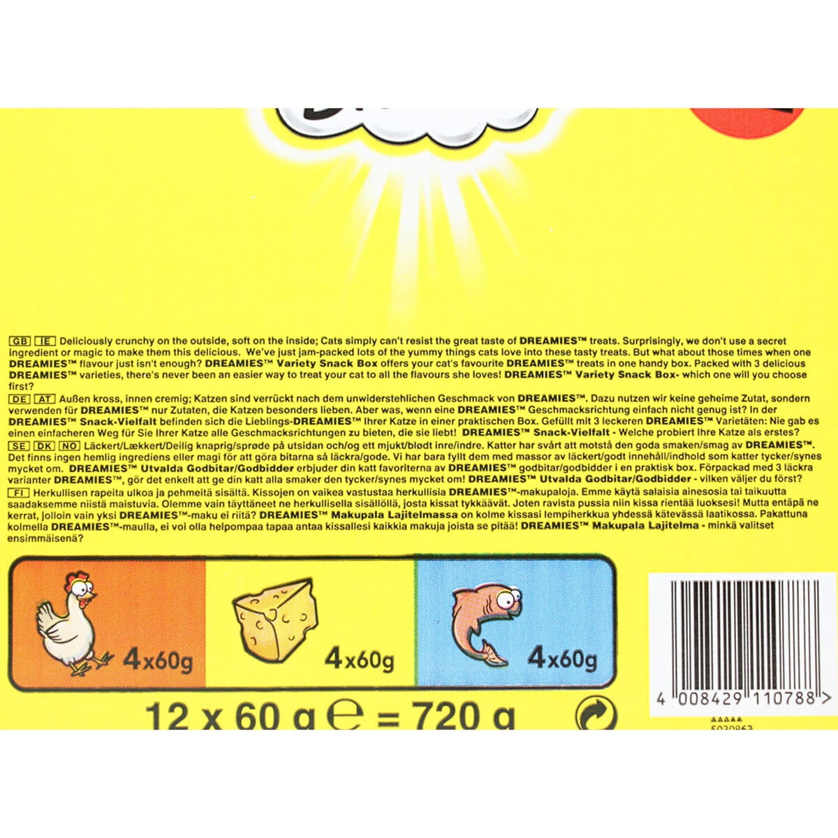 Dreamies Cat Treats Variety Pack 12 x 60g Chicken Cheese Fish Flavour Snack