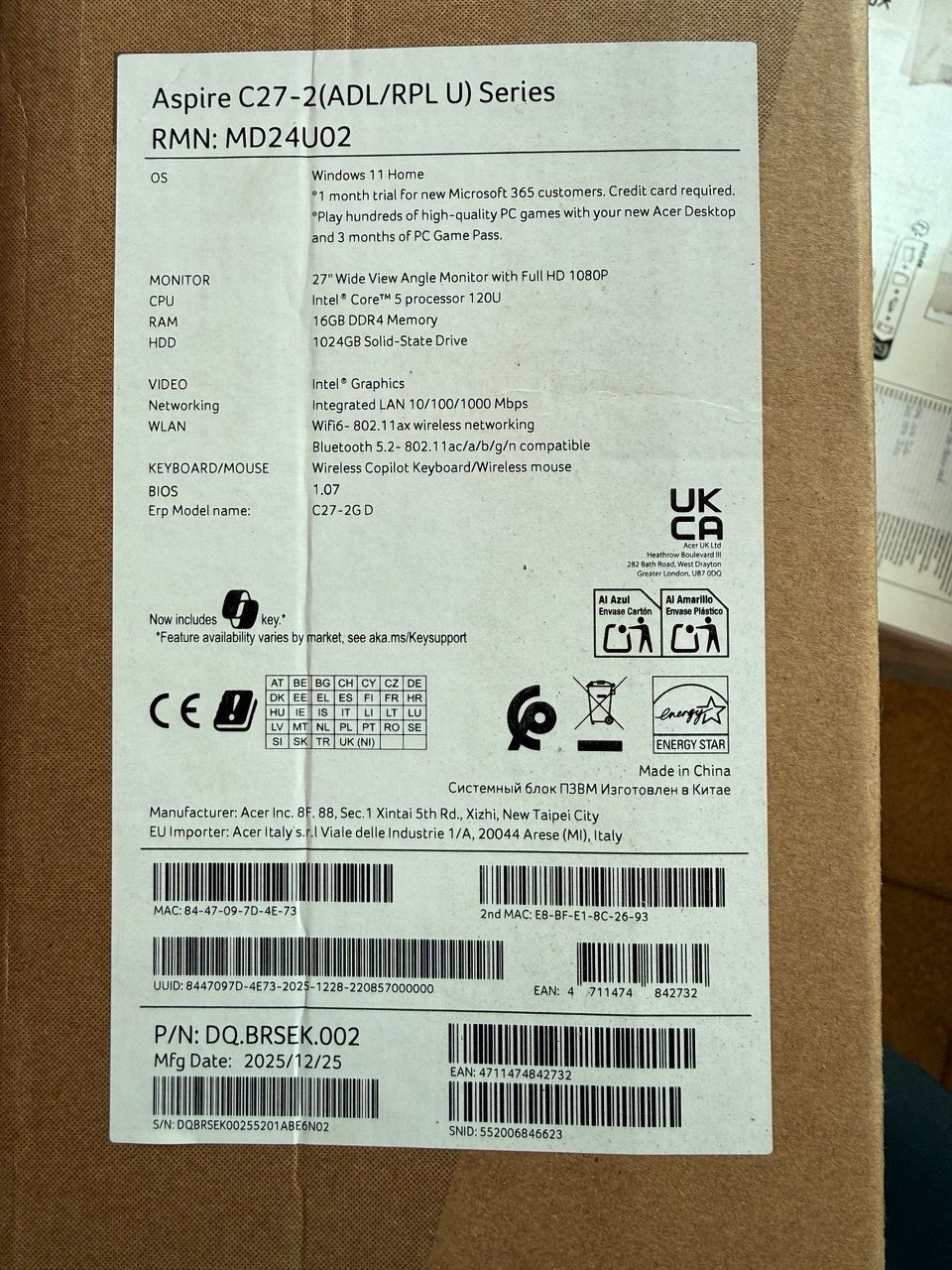 Acer Aspire C27-2G Intel Core 5 120U 16GB RAM 1TB SSD 27" Windows 11 AIO PC