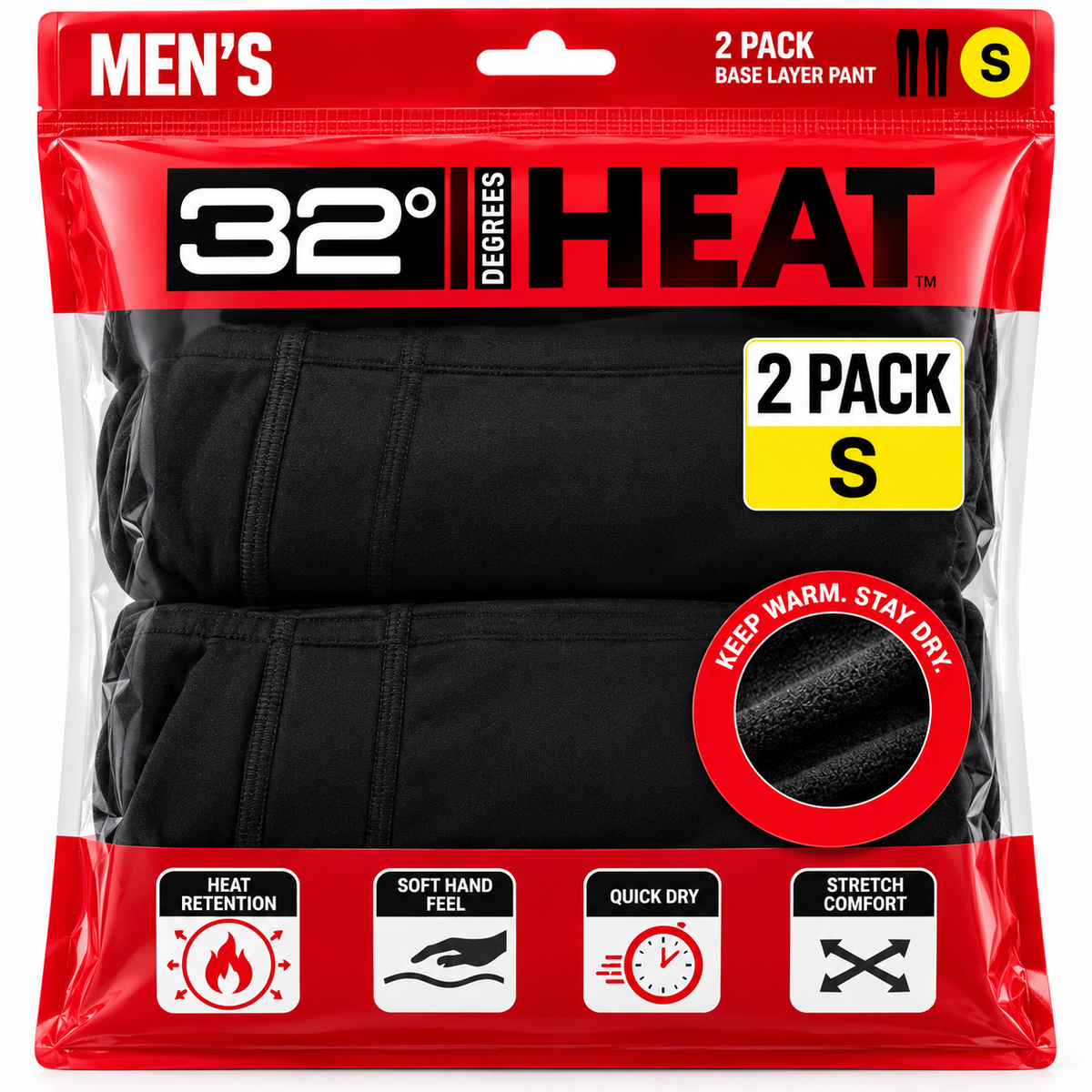 32 Degrees Heat Thermal Base Layer Trousers Pants Black Men 2 Pack Small size S