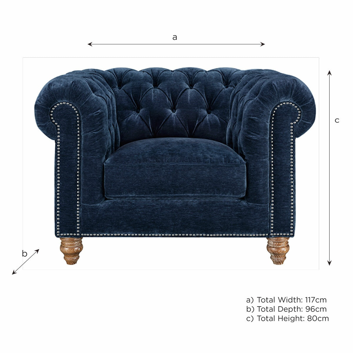 Prospera Home Allington Navy Fabric Chesterfield Armchair Pocket Coil Oak Feet