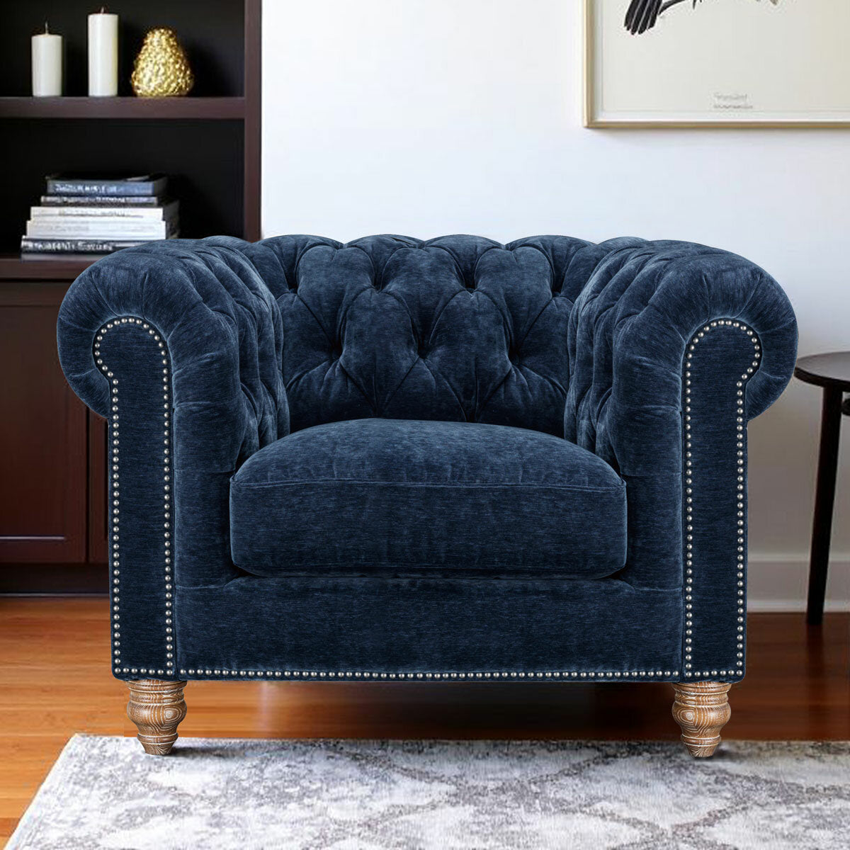Prospera Home Allington Navy Fabric Chesterfield Armchair Pocket Coil Oak Feet
