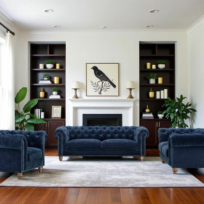 Prospera Home Allington Navy Fabric Chesterfield Armchair Pocket Coil Oak Feet