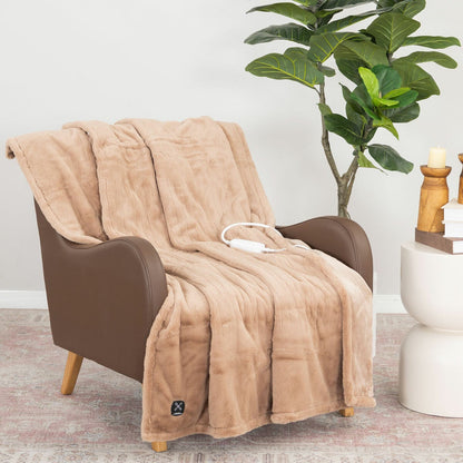 Berkshire Luxe Faux Fur Heated Throw Blanket 127x152cm 4 Heat Settings Beige
