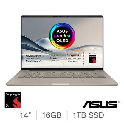 ASUS Zenbook A14 OLED Laptop 14 Inch 16GB RAM 1TB SSD Snapdragon X Beige Win11