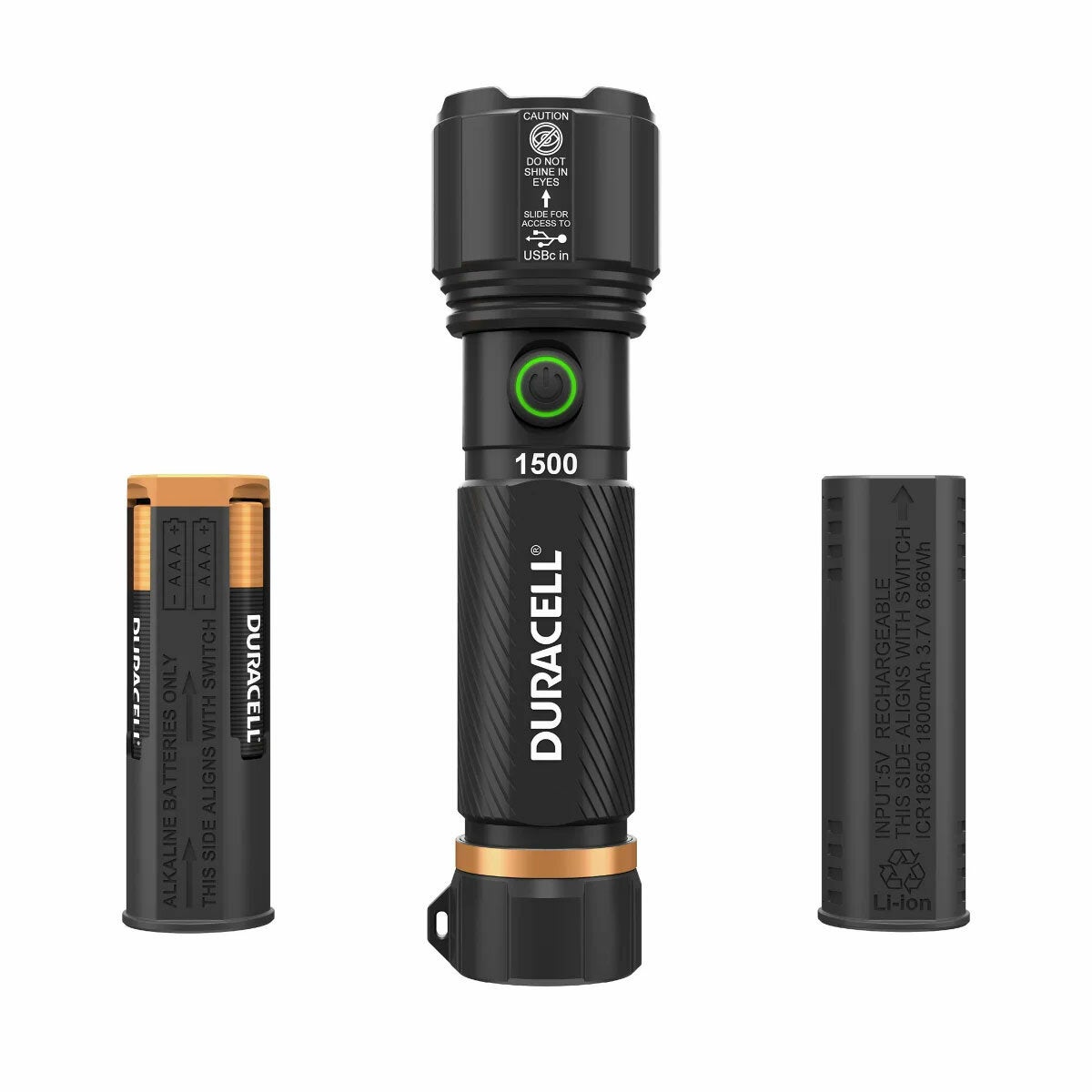 Duracell LED Torch Flashlight 1500 Lumen Rechargeable USB-C 4 Pack Black