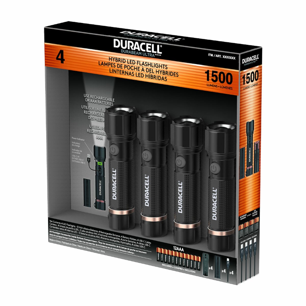 Duracell LED Torch Flashlight 1500 Lumen Rechargeable USB-C 4 Pack Black