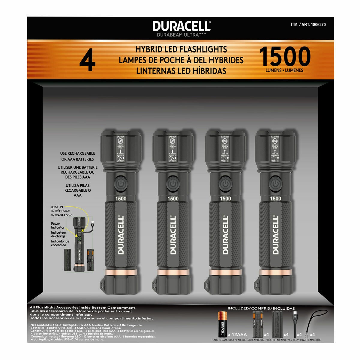 Duracell LED Torch Flashlight 1500 Lumen Rechargeable USB-C 4 Pack Black