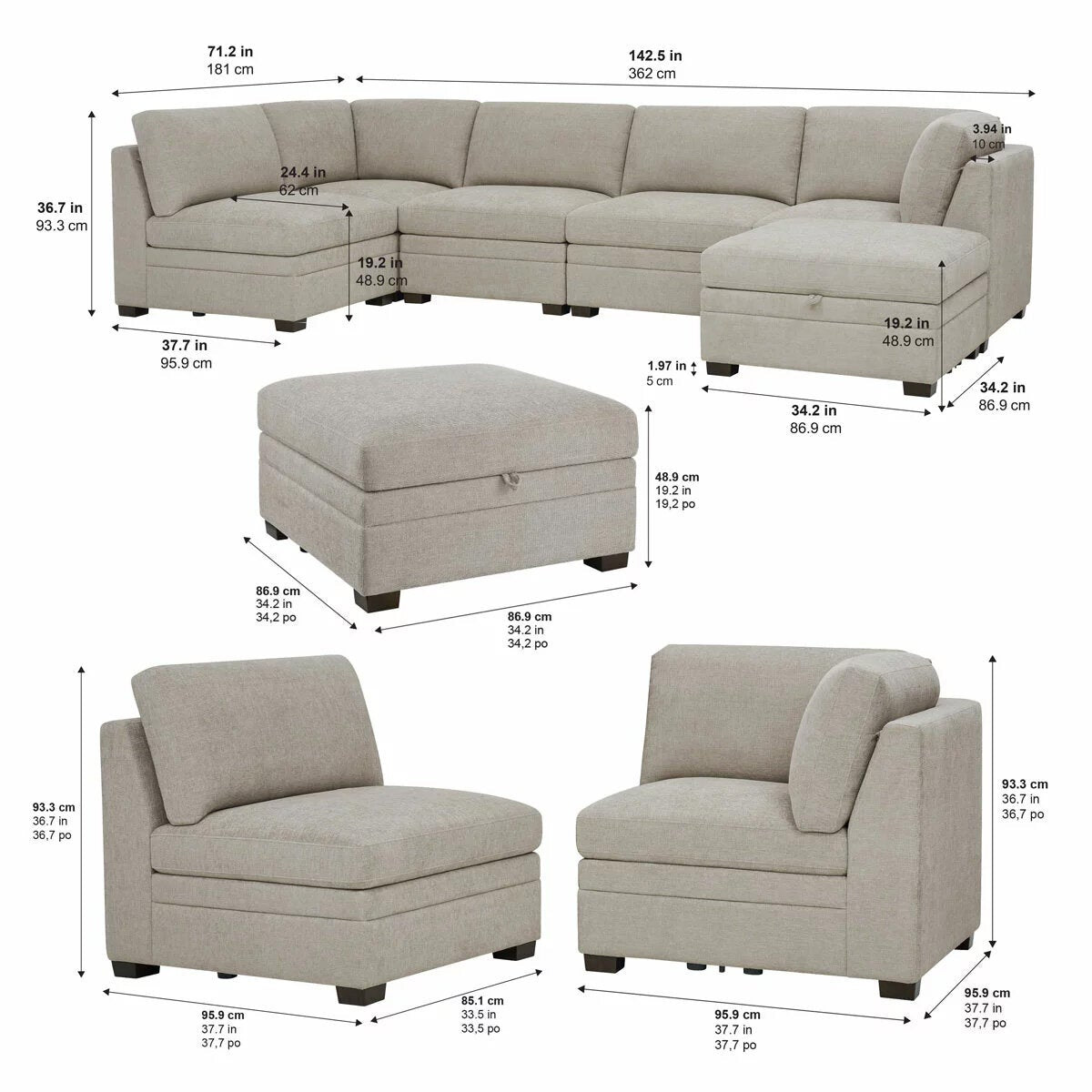 Thomasville Tisdale Modular Fabric Sofa 6 Piece Set Taupe Corner Ottoman