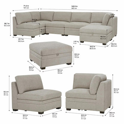 Thomasville Tisdale Modular Fabric Sofa 6 Piece Set Taupe Corner Ottoman