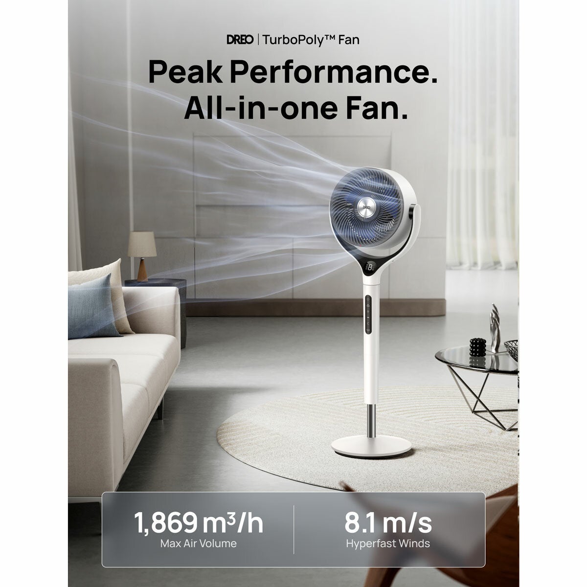 Dreo TurboPoly 565S Pedestal Fan DR-HPF025S Smart App White 9 Speed 120°