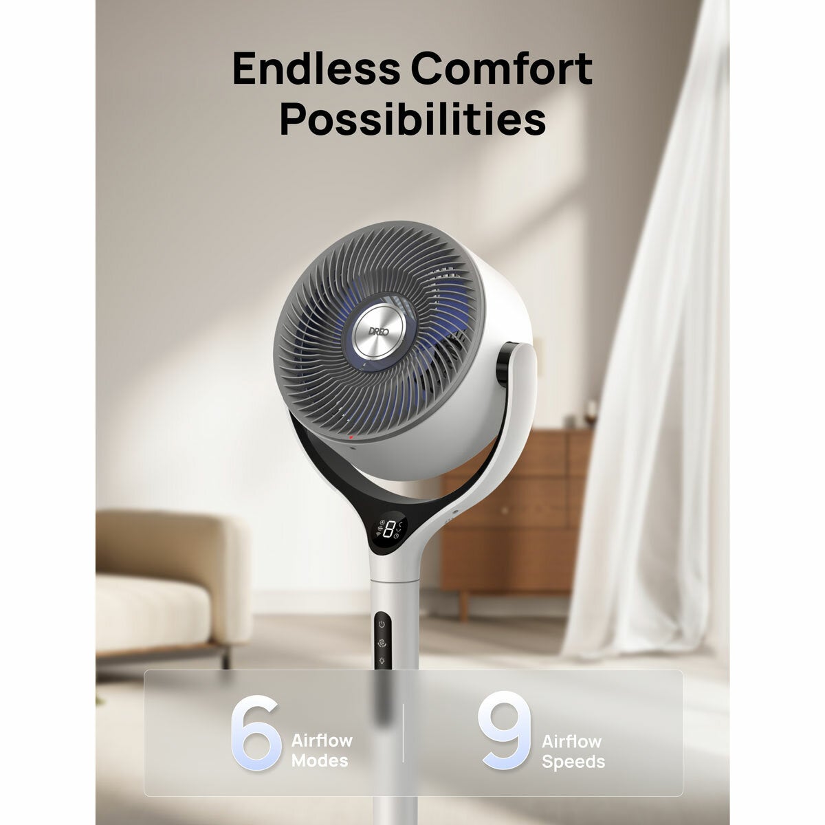 Dreo TurboPoly 565S Pedestal Fan DR-HPF025S Smart App White 9 Speed 120°