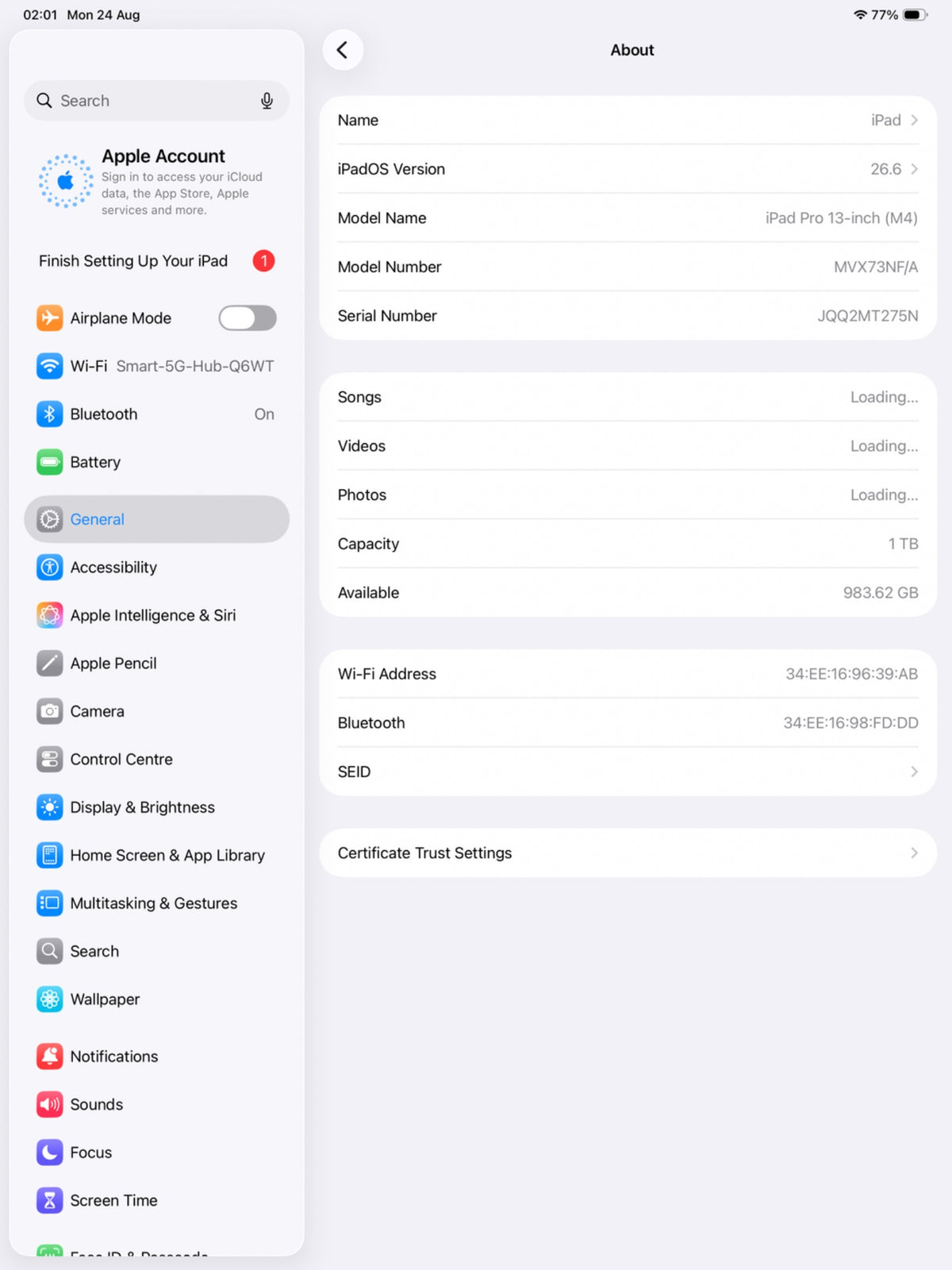 Apple iPad Pro 13" M4 2024 7th Gen 1TB WiFi 6E Silver Tablet MVX73NF/A