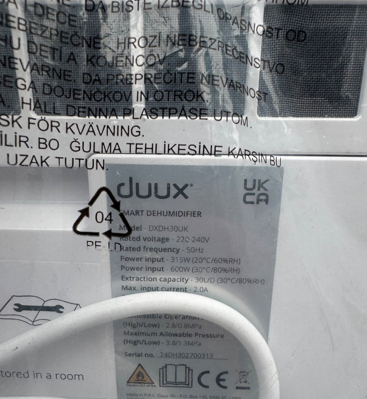 Duux Bora Smart Dehumidifier 30L Day DXDH30UK 50m² Laundry White 4L Tank
