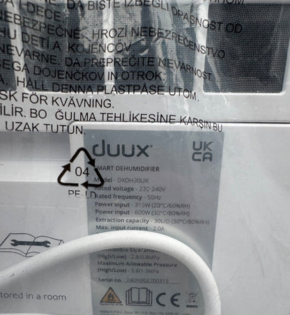 Duux Bora Smart Dehumidifier 30L Day DXDH30UK 50m² Laundry White 4L Tank