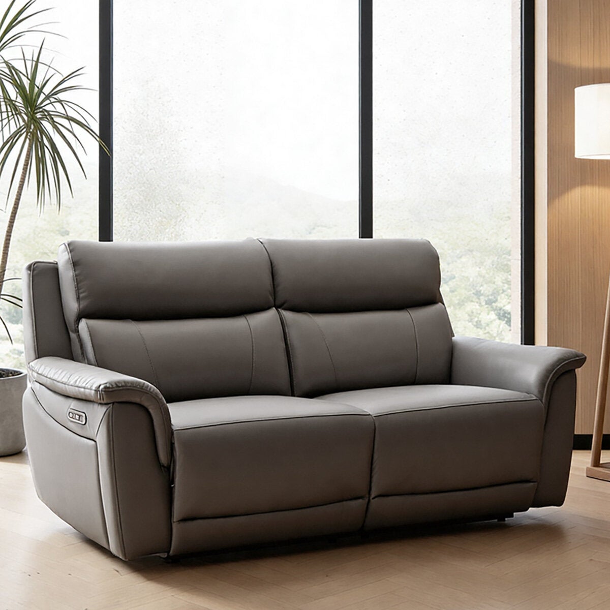 Oscar Grey Top Grain Leather Power Reclining 2.5 Seater Sofa Power Headrest