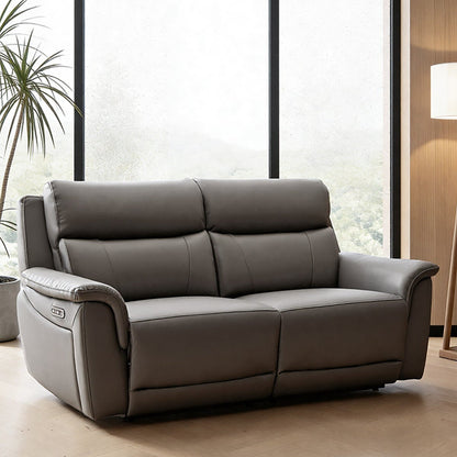 Oscar Grey Top Grain Leather Power Reclining 2.5 Seater Sofa Power Headrest