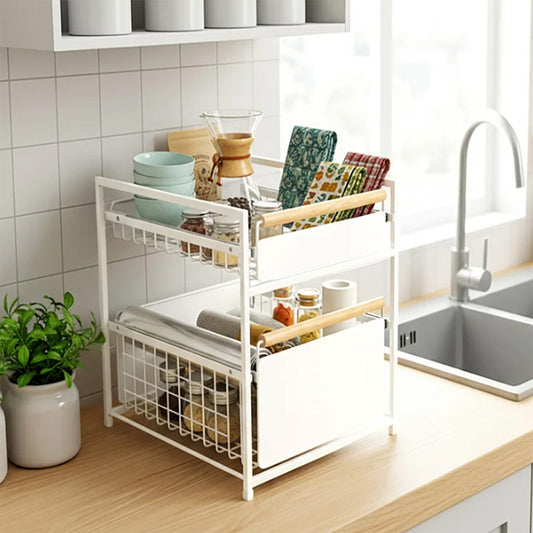 Mesa 2 Tier Organiser with Drawer Wood Handle Kitchen Office Bathroom Storage