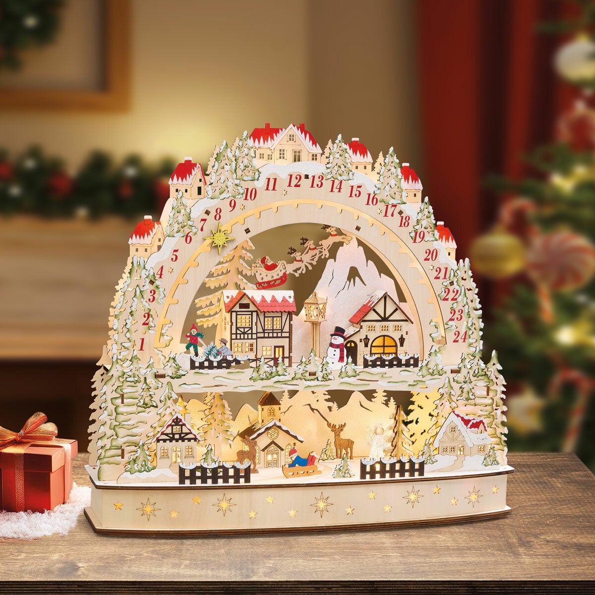 Wooden LED Advent Calendar Christmas Decoration Festive Jingle Bell Warm Glow