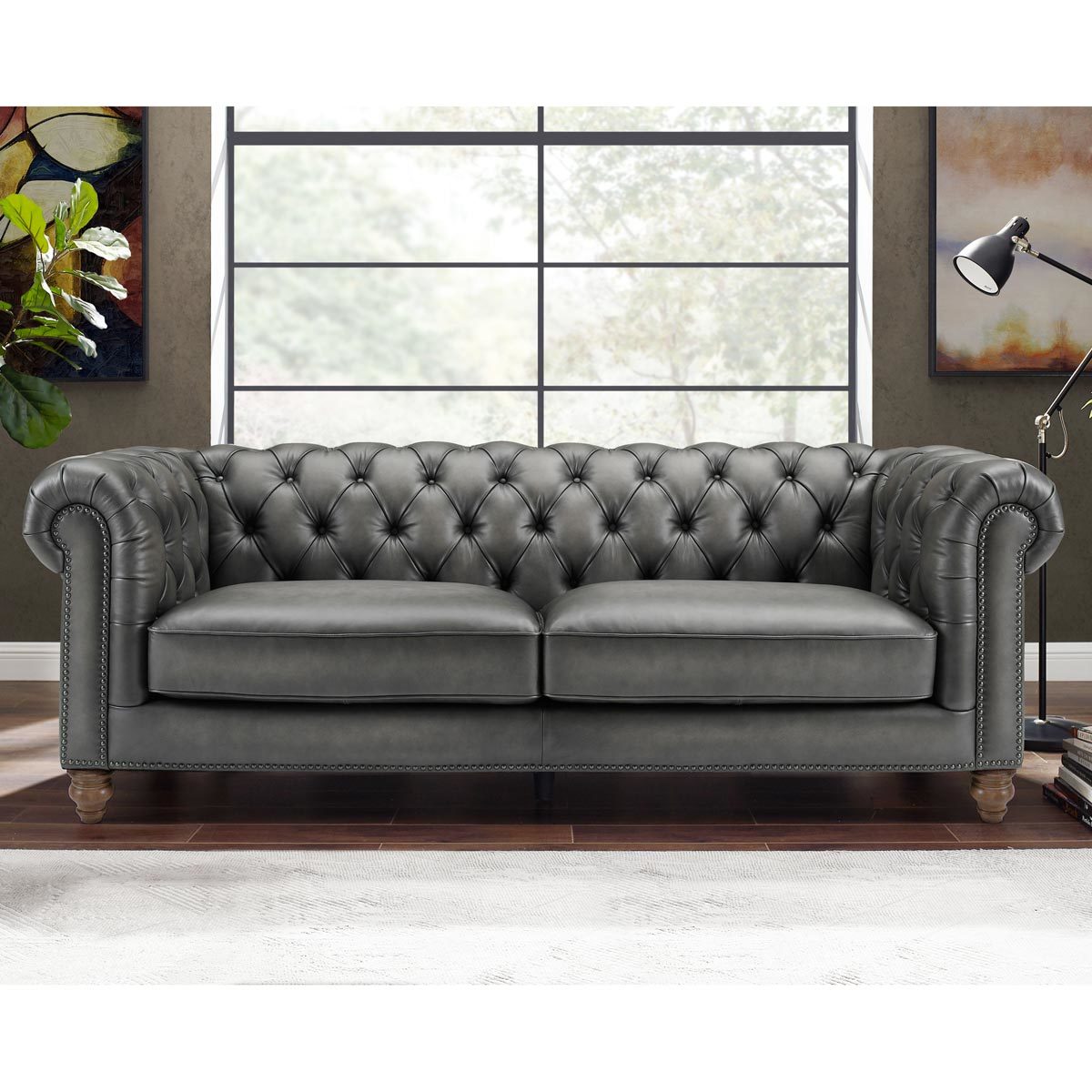 Chesterfield Allington 3 Seater Grey Leather Sofa 226cm Coil