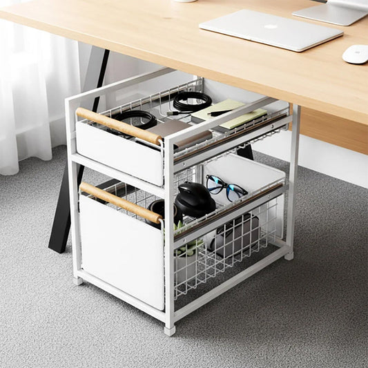 Mesa 2 Tier Organiser with Drawer Wood Handle Kitchen Office Bathroom Storage