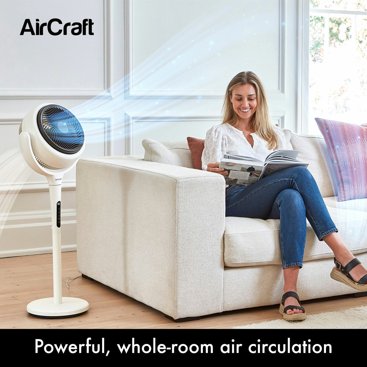 AirCraft LUME 2-in-1 Air Circulator Fan Remote LED Desk Pedestal White 26W