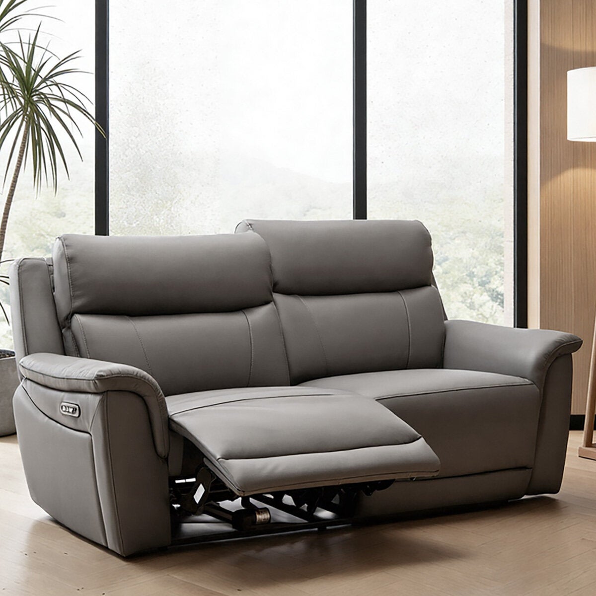 Oscar Grey Top Grain Leather Power Reclining 2.5 Seater Sofa Power Headrest