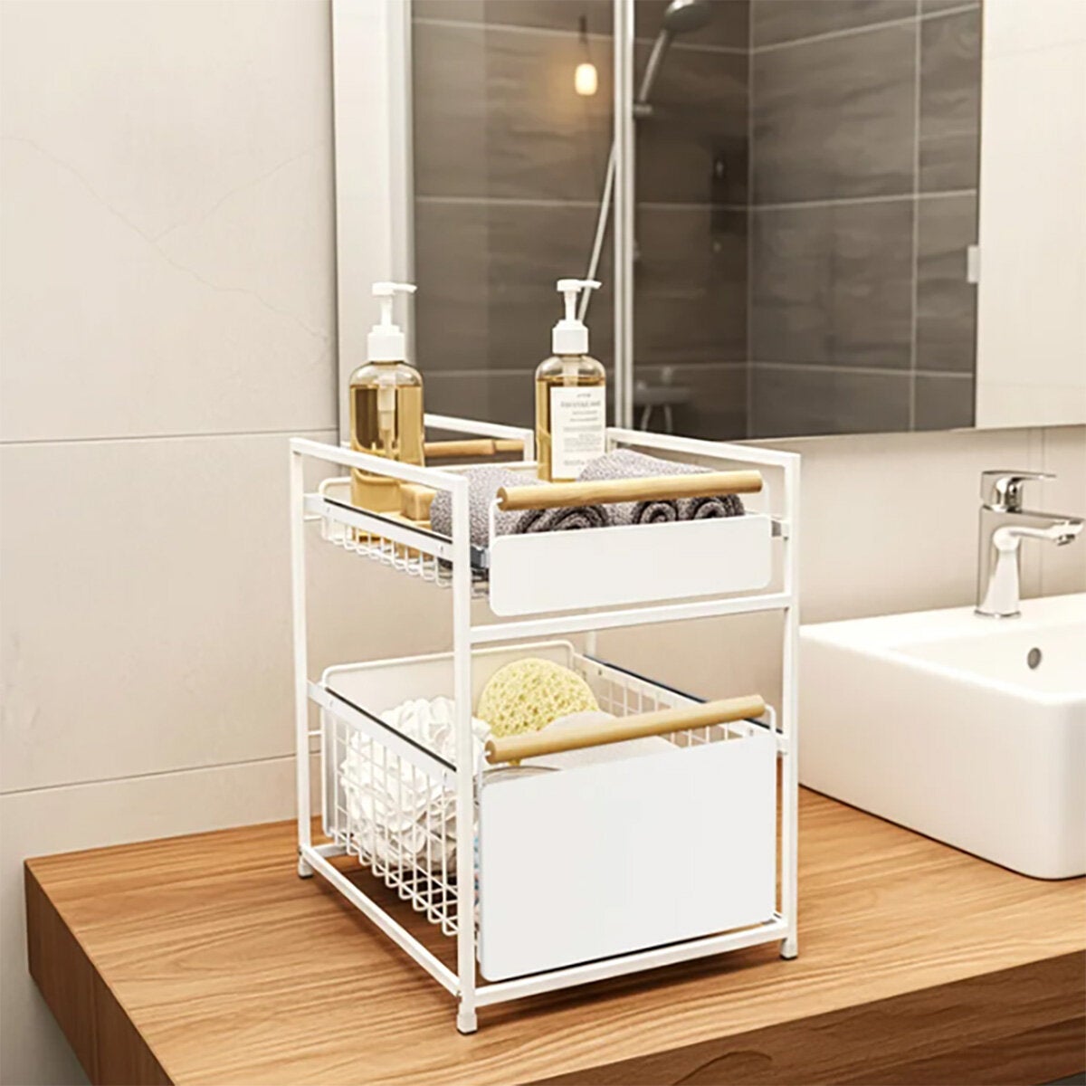 Mesa 2 Tier Organiser with Drawer Wood Handle Kitchen Office Bathroom Storage