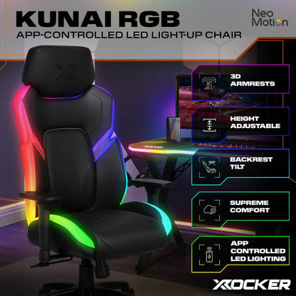 X Rocker Kunai RGB Gaming Chair LED Lights PU Leather PC Desk Chair Black