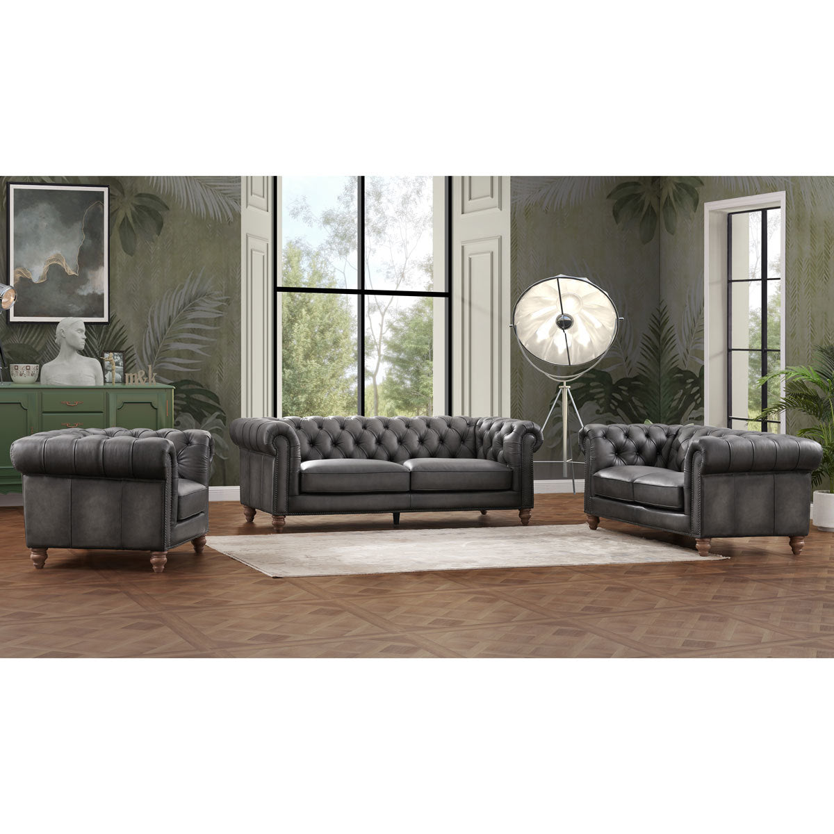 Chesterfield Allington 3 Seater Grey Leather Sofa 226cm Coil