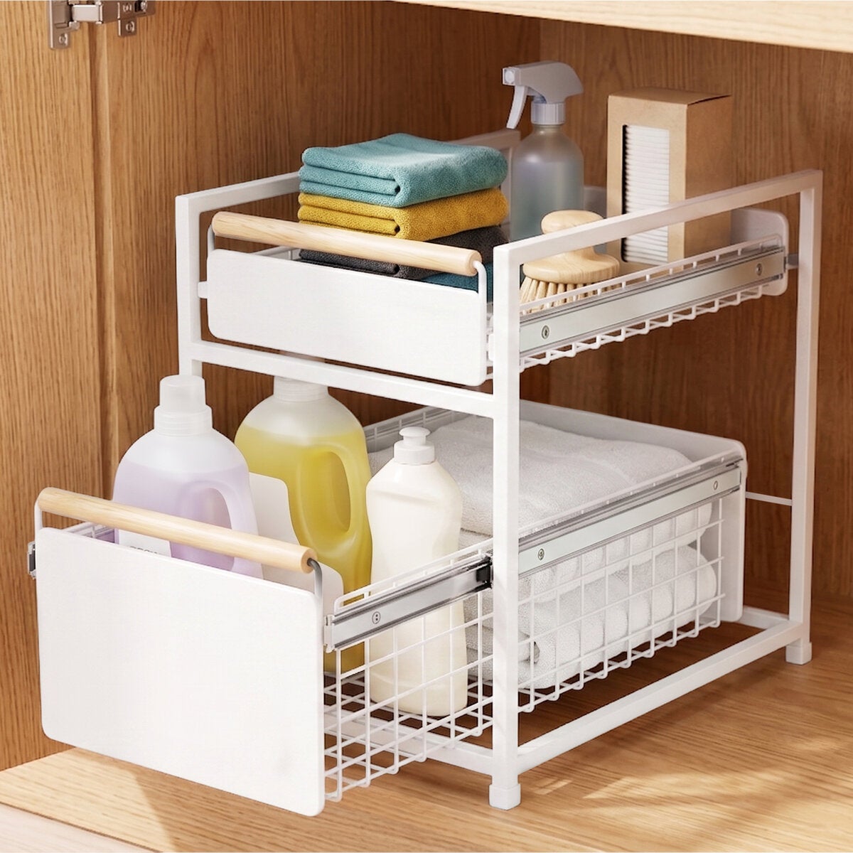 Mesa 2 Tier Organiser with Drawer Wood Handle Kitchen Office Bathroom Storage