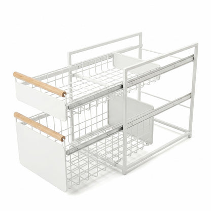 Mesa 2 Tier Organiser with Drawer Wood Handle Kitchen Office Bathroom Storage