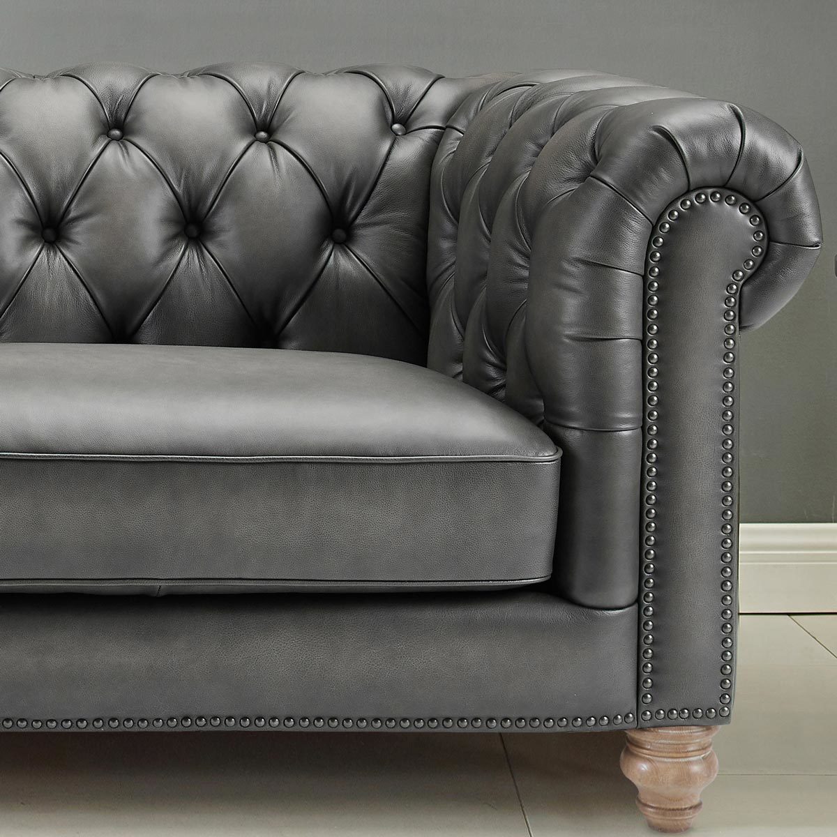 Chesterfield Allington 3 Seater Grey Leather Sofa 226cm Coil