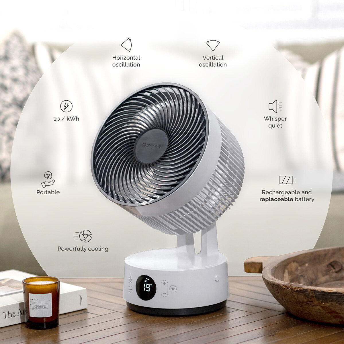 Meaco Sefte 8" Rechargeable Air Circulator Desktop Fan Cordless 12 Speed White