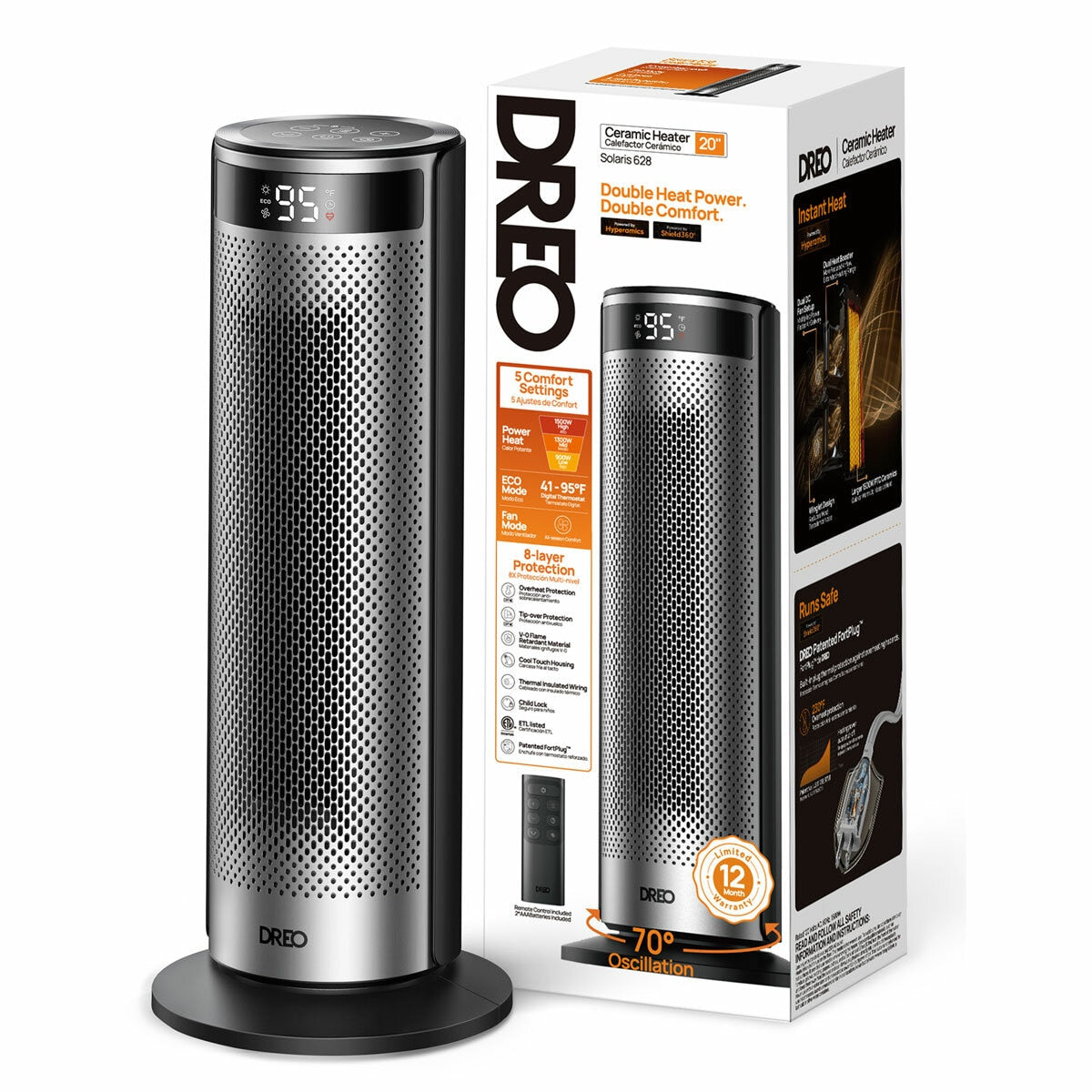 Dreo Solaris 628 Ceramic Tower Heater 2000W Oscillating Remote Control Black
